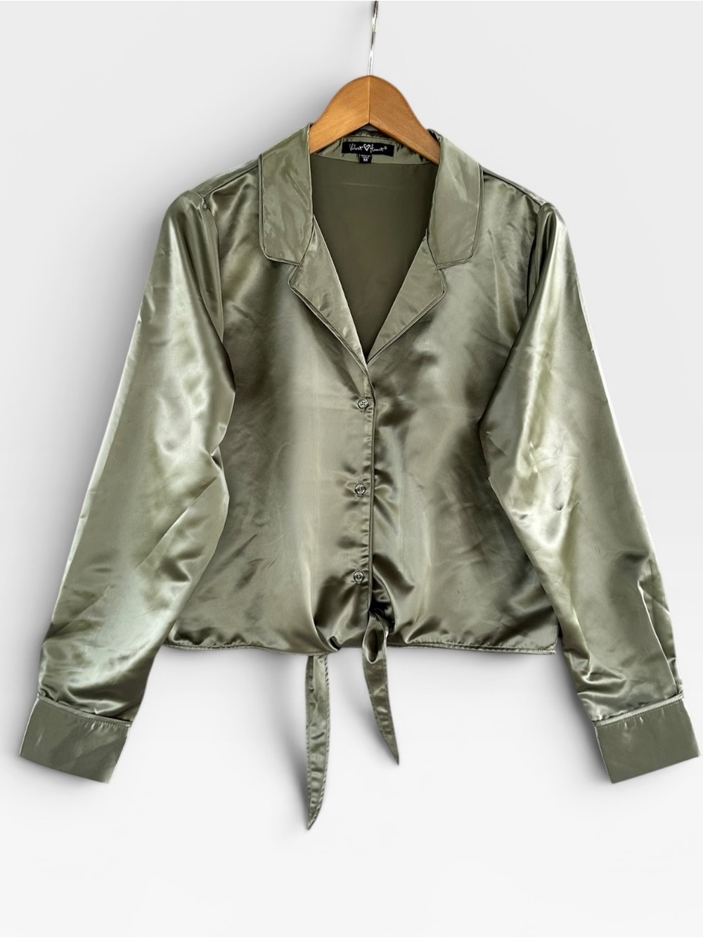 #307 VELVET HEART Olive Satin Tie-Front Blouse M